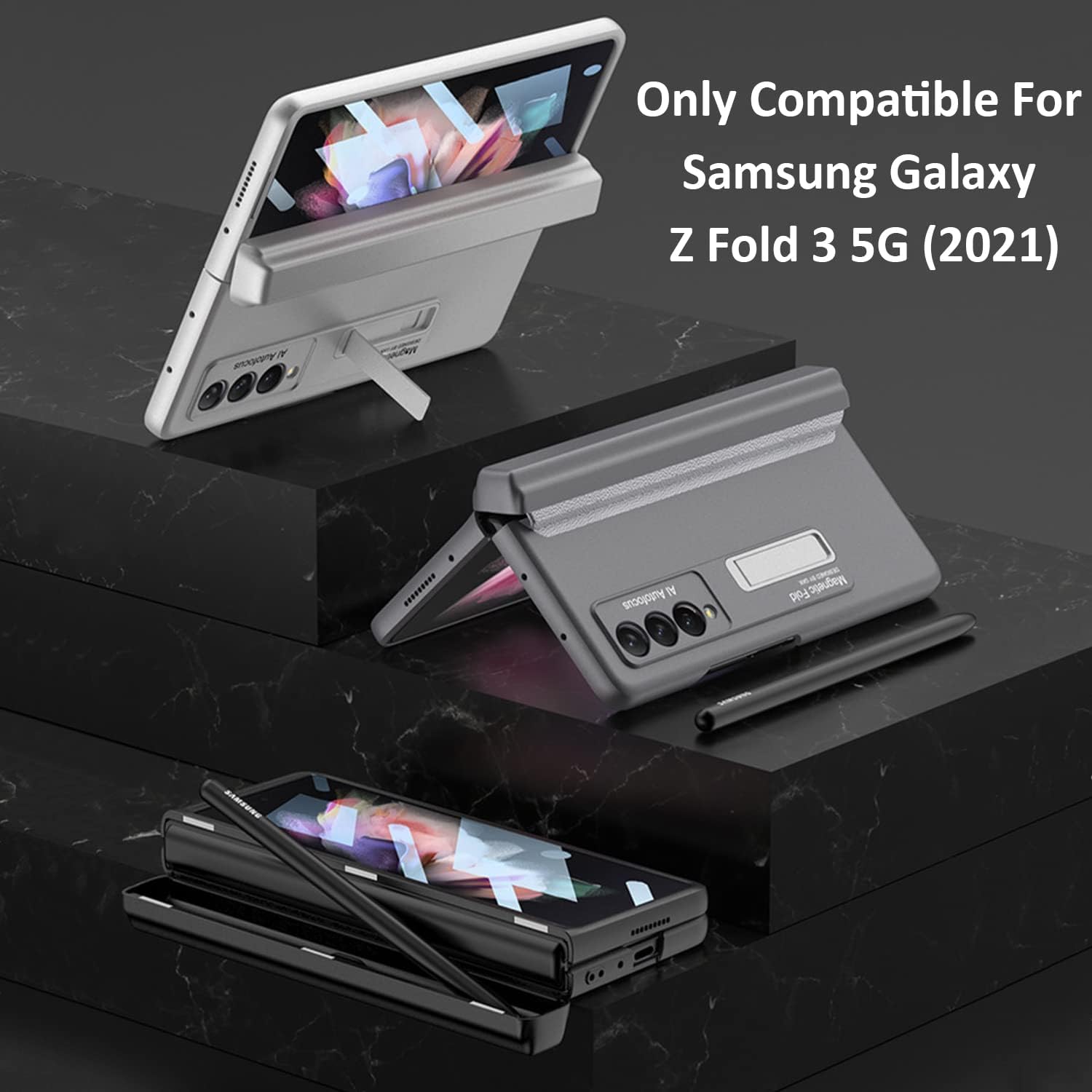 Miimall Funda compatible con Z Fold 3 con soporte para bolígrafo, protector de pantalla Z Fold 3, aleación con función atril magnética, bisagra