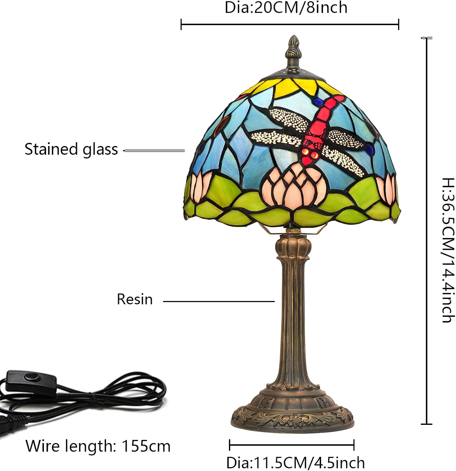 Blivuself Lámpara de mesa estilo Tiffany con flores de loto y libélula para sala de estar, dormitorio, decoración de mesita de noche, azul, pequeña,