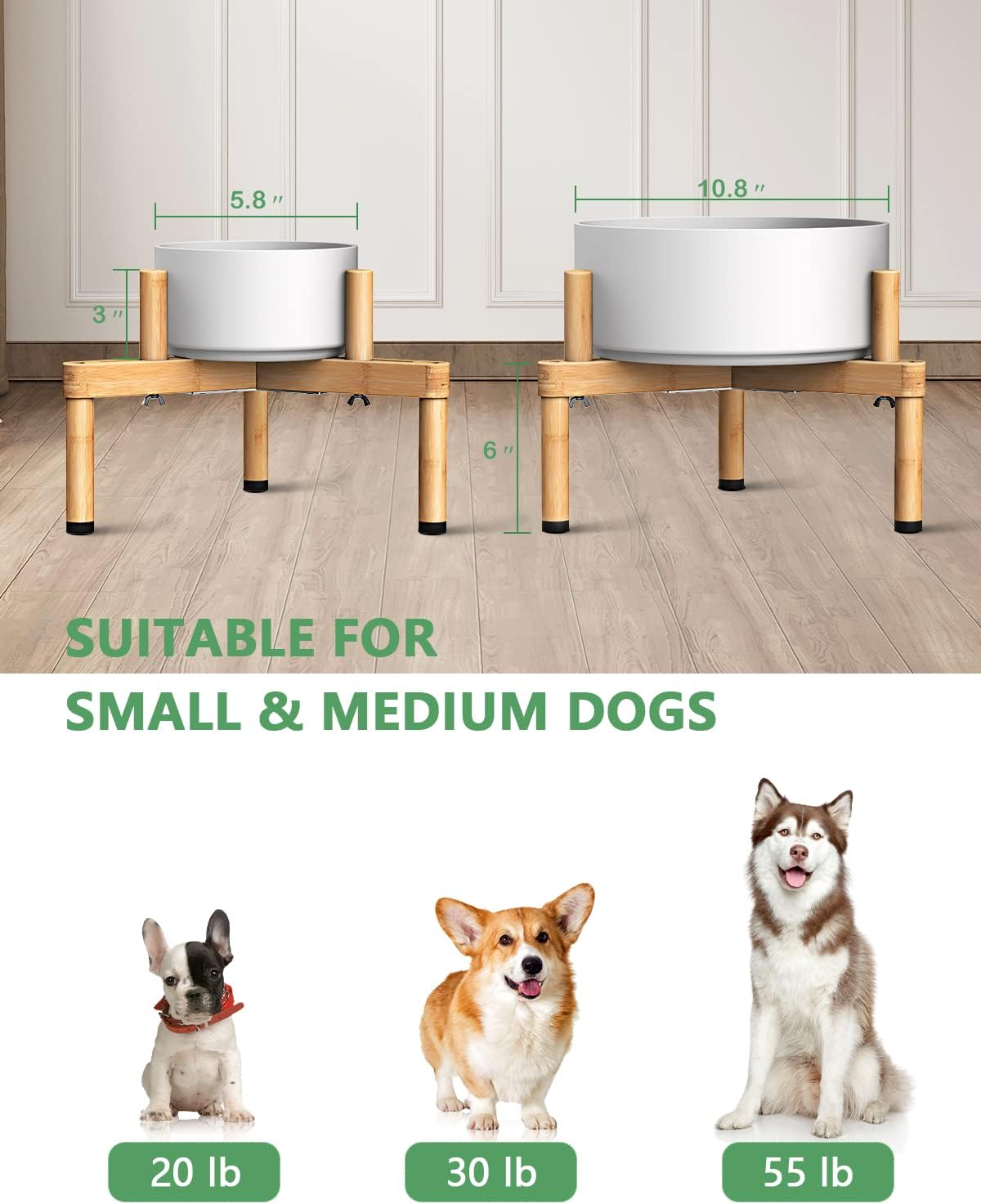 Vantic Soporte para cuenco para perros, soporte elevado ajustable para alimentos para perros de 6.5 a 11 pulgadas de ancho, soporte elevado de bambú