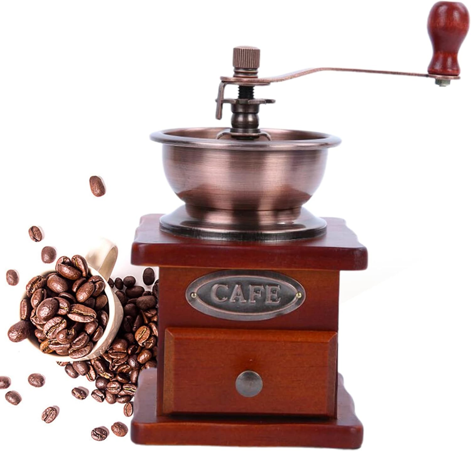 Molinillo de café manual antiguo, molinillo de grano de café vintage de mano con rebabas cónicas de madera, molinillo de café de 4 x 4 pulgadas,