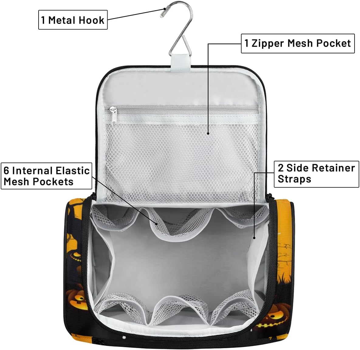 Classic Halloween Style Toiletry Bag for Women Travel Makeup Organizer with Hanging Hook Traveling Cosmetic Bags for Toiletries Accessories