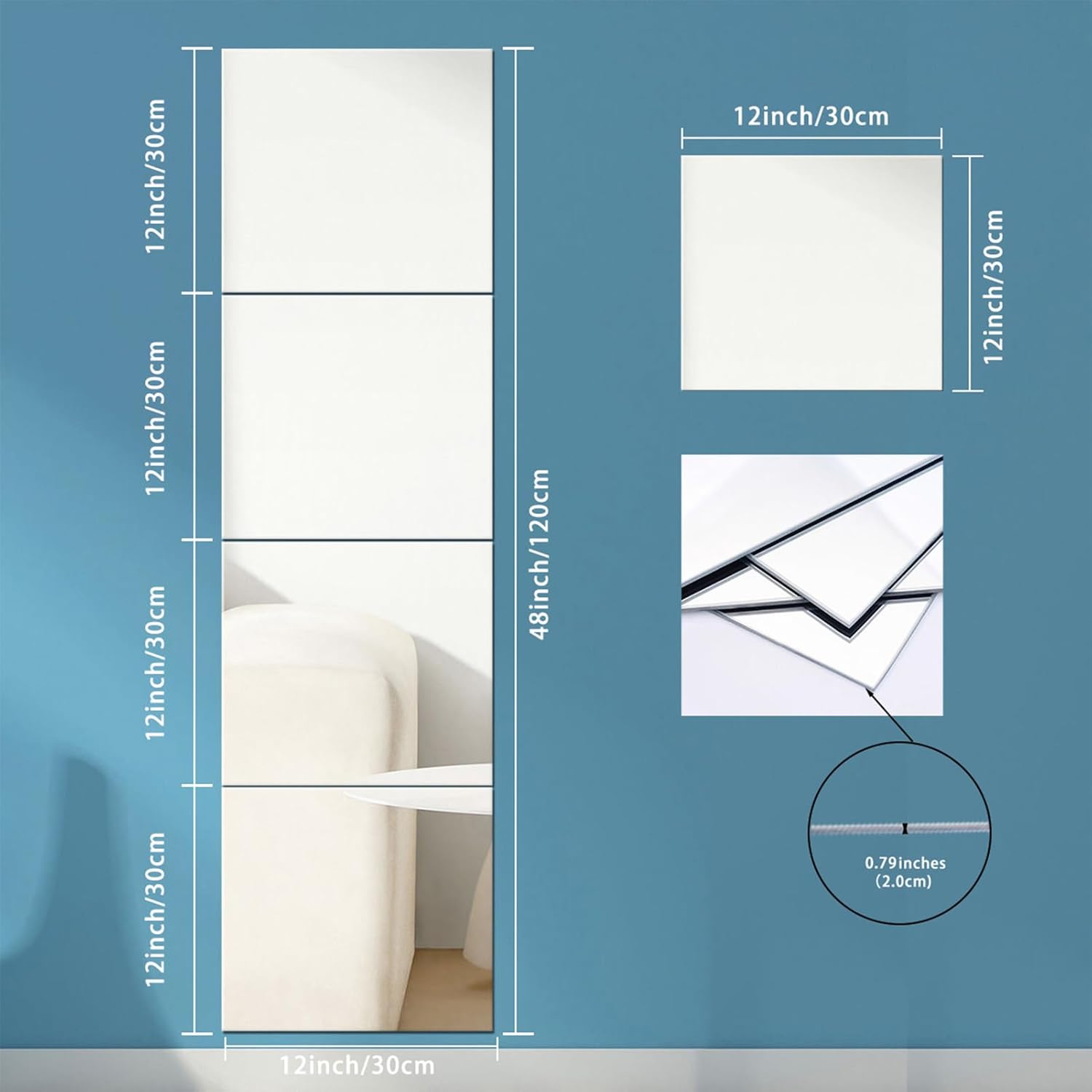 Socokici Espejo de pared de longitud completa inastillable, 4 piezas de azulejos de espejo acrílicos autoadhesivos de 0.079 pulgadas de grosor,