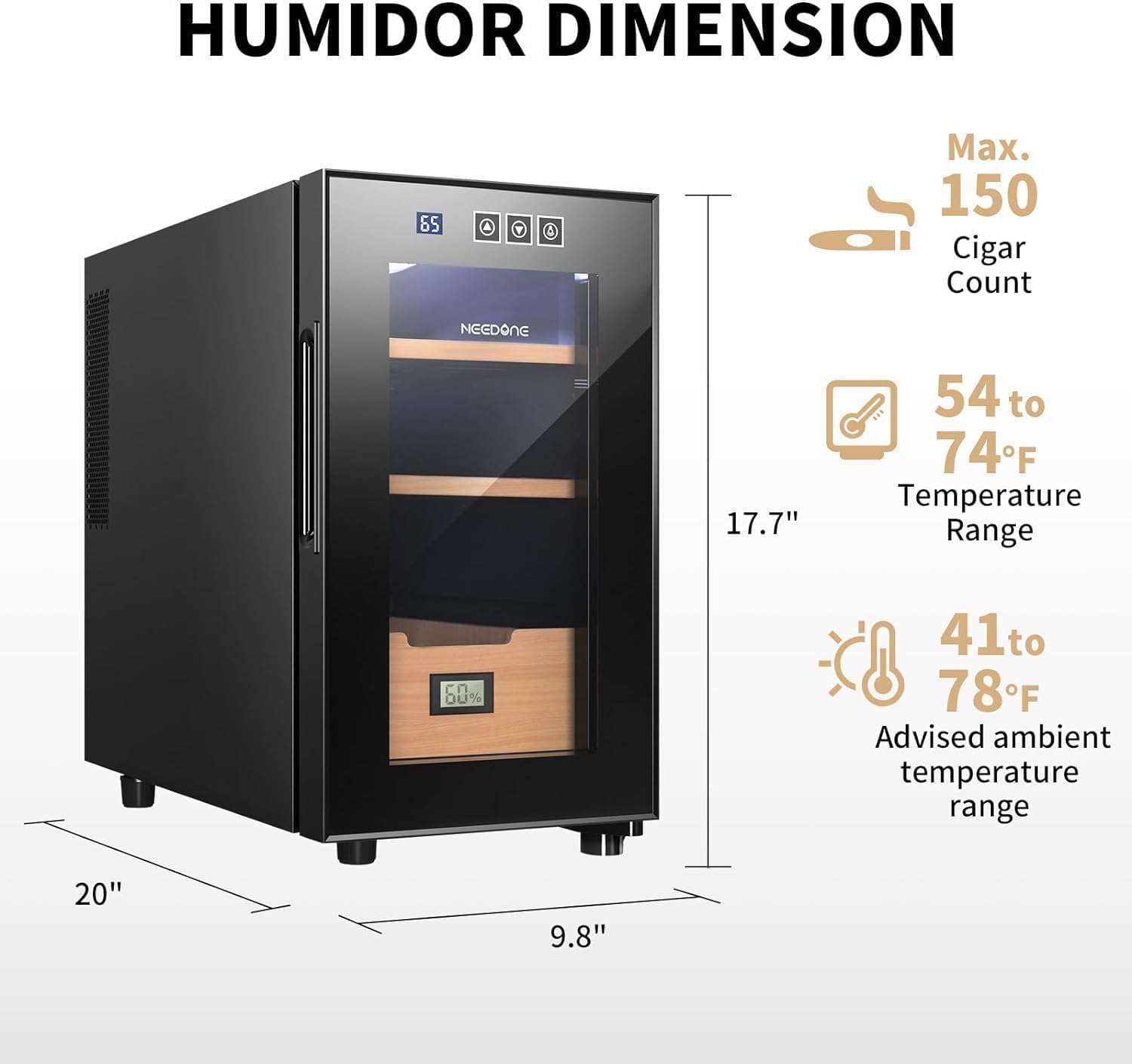 NEEDONE Humidor eléctrico de 23 litros con sistema de control silencioso de calefacción y refrigeración, gabinete termostático para 150 unidades con