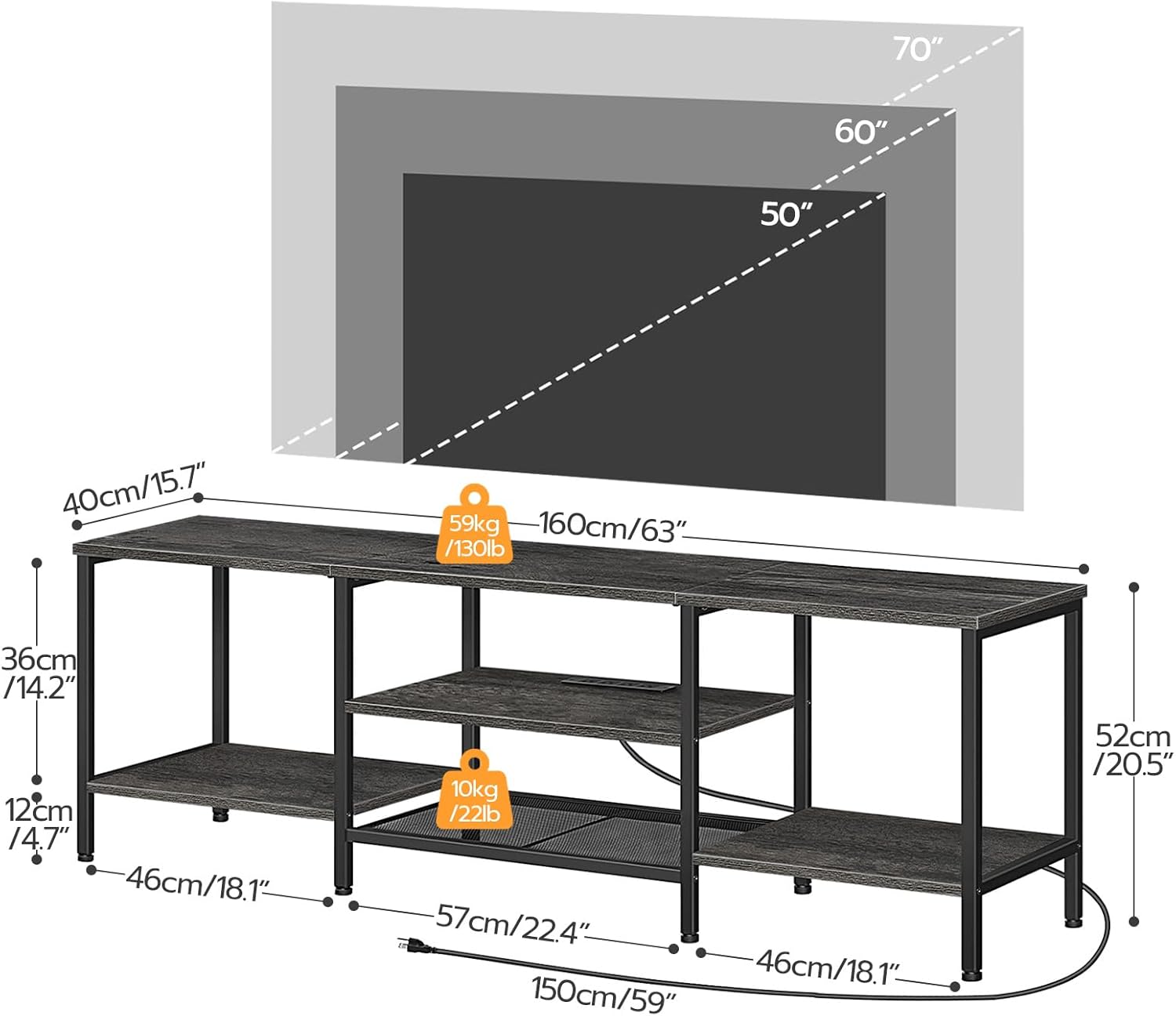 Soporte de TV con tomas de corriente de 75 pulgadas, mesa consola de TV con estantes de almacenamiento abiertos, centro de entretenimiento