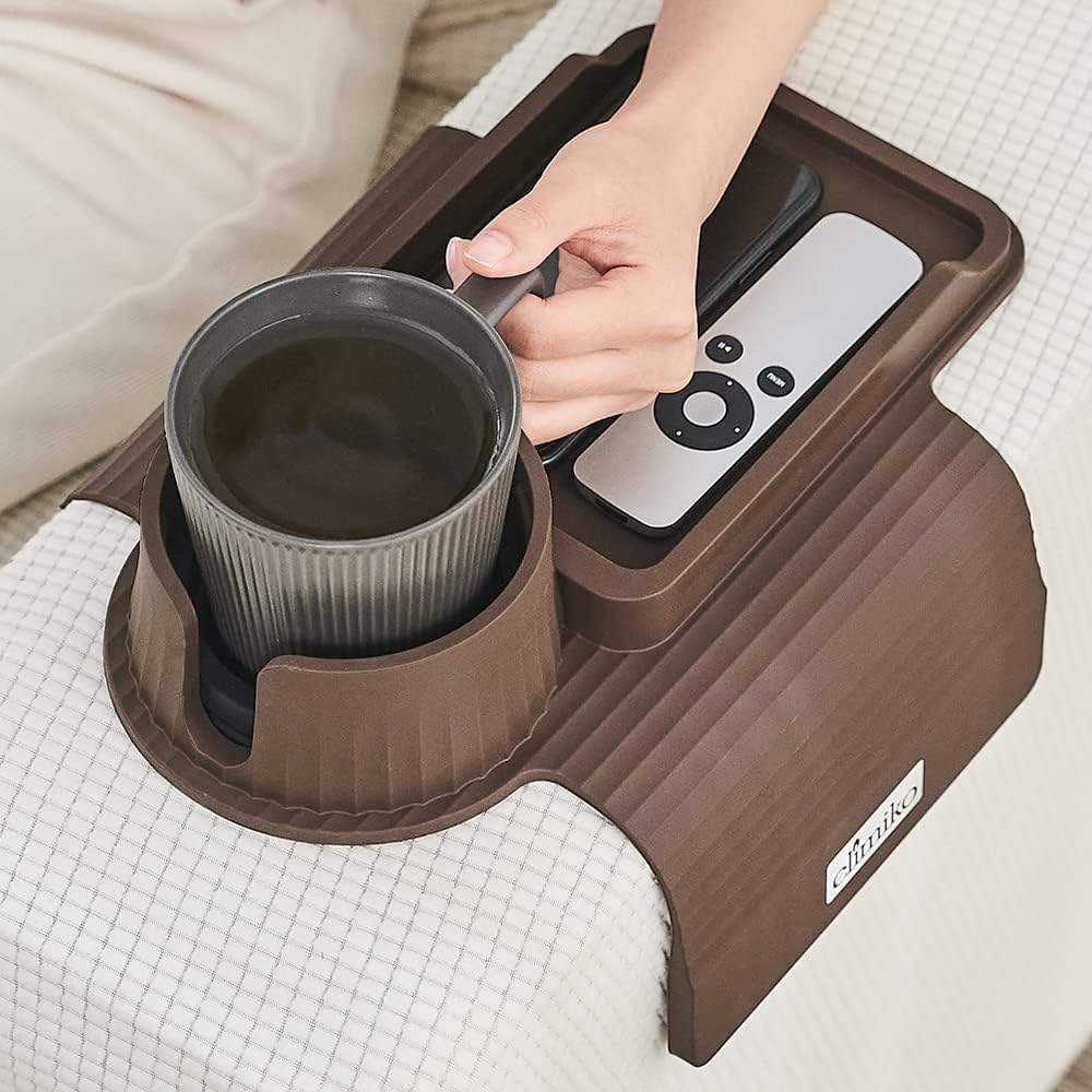 Elimiko – Bandeja para portavasos de sofá, de silicona, con soporte grande para tazas y bandeja, para tazas de gran tamaño, control remoto largo,
