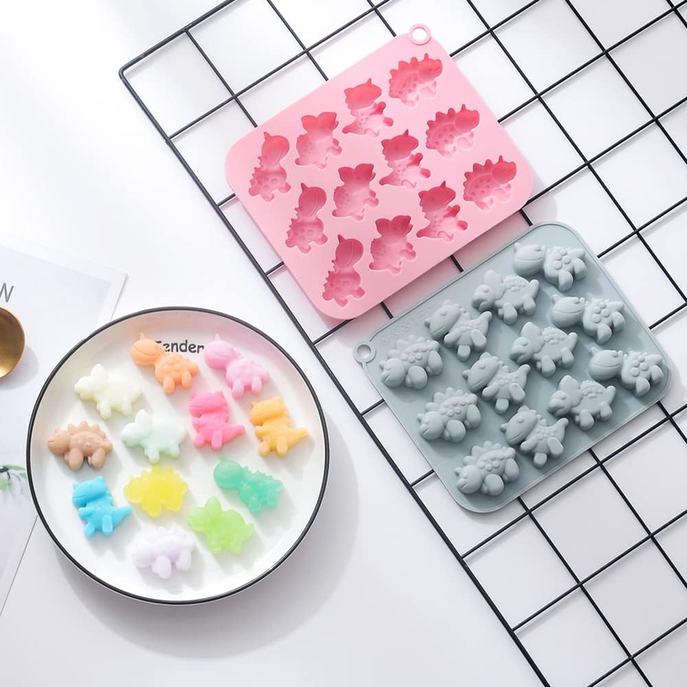 Paquete de 2 moldes de silicona de dinosaurio con 12 cavidades 3D con temática de dinosaurios para hornear, herramienta de horneado para pastel de