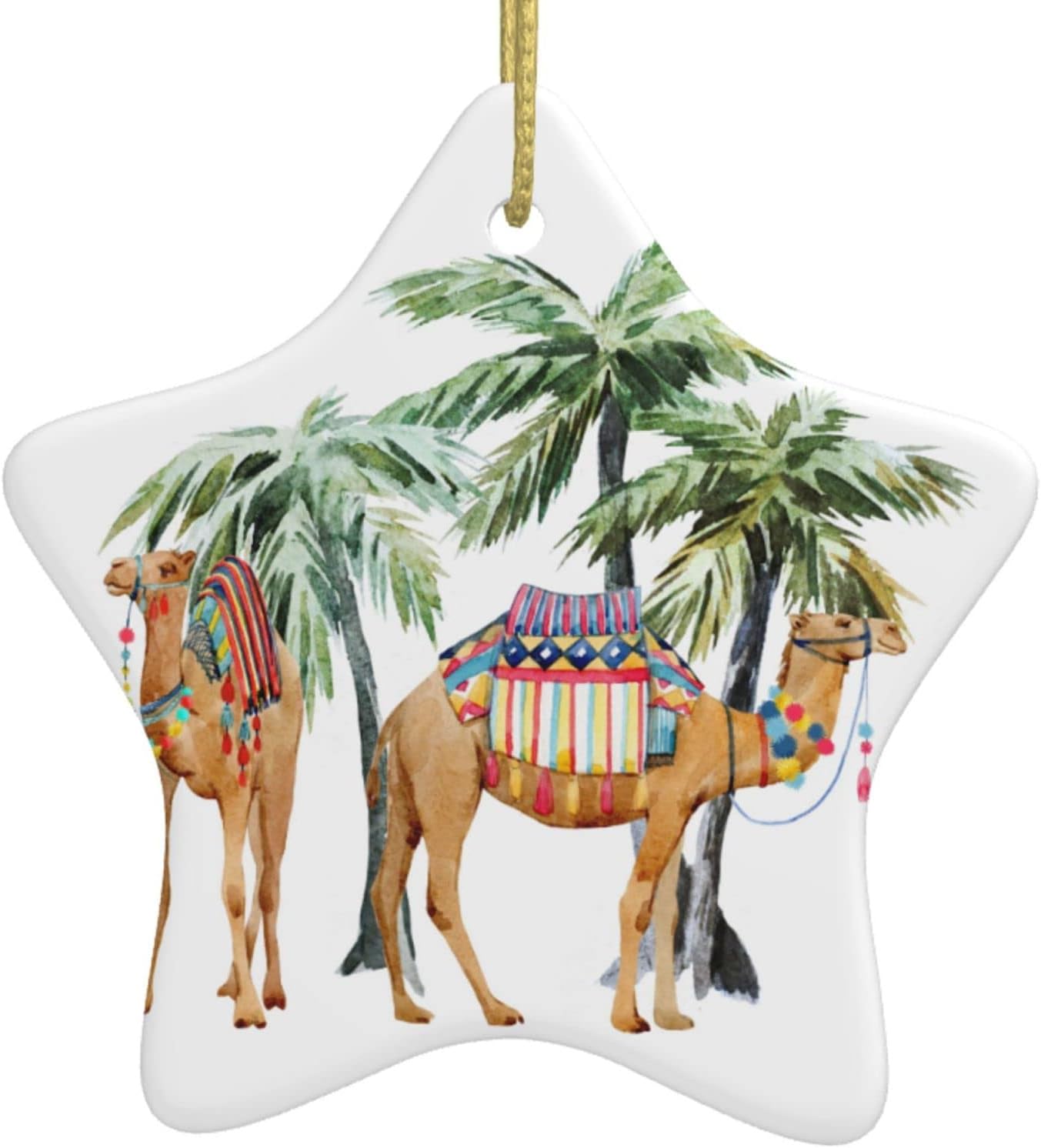 Adorno colgante de Navidad en forma de estrella de cerámica, camellos bajo palmeras, adorno colgante personalizado para árbol de Navidad