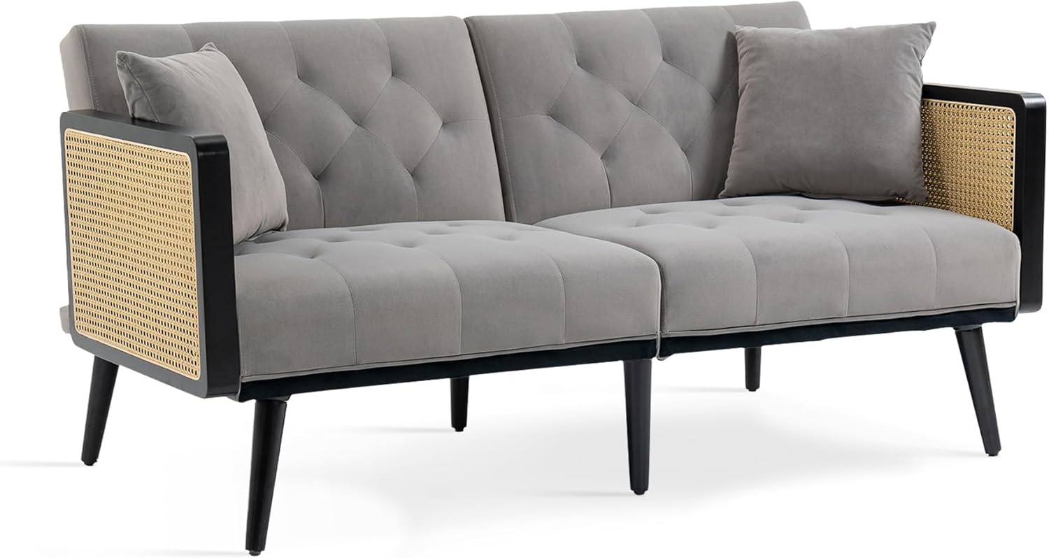 Dolonm Sofá de terciopelo de 62 pulgadas con reposabrazos de ratán y 2 almohadas, sofá biplaza con pies de metal, moderno sofá convertible futón,