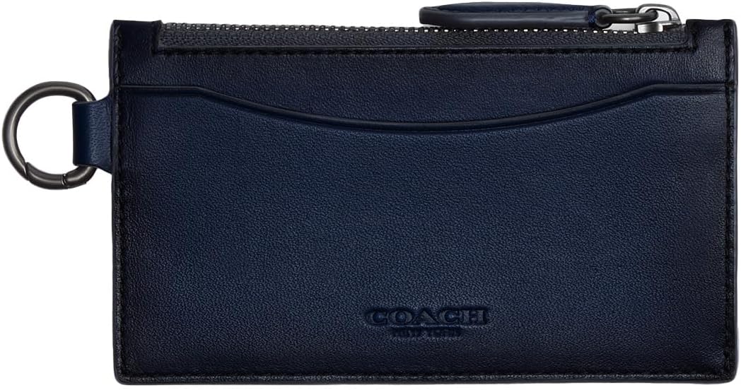 Coach Tarjetero con cremallera para hombre en piel bruñida, Azul profundo, Estuche para tarjetas con cremallera en piel bruñida