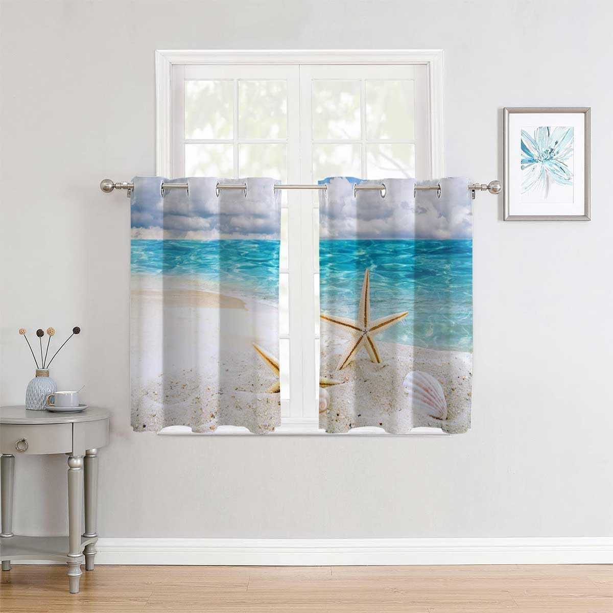 YANFENQI Cortinas para Habitacion Blackout Beach Seashells Coast Scenery Accordion Room Divider Acoustic Fabric 55Inch Width by 72Inch Length,2