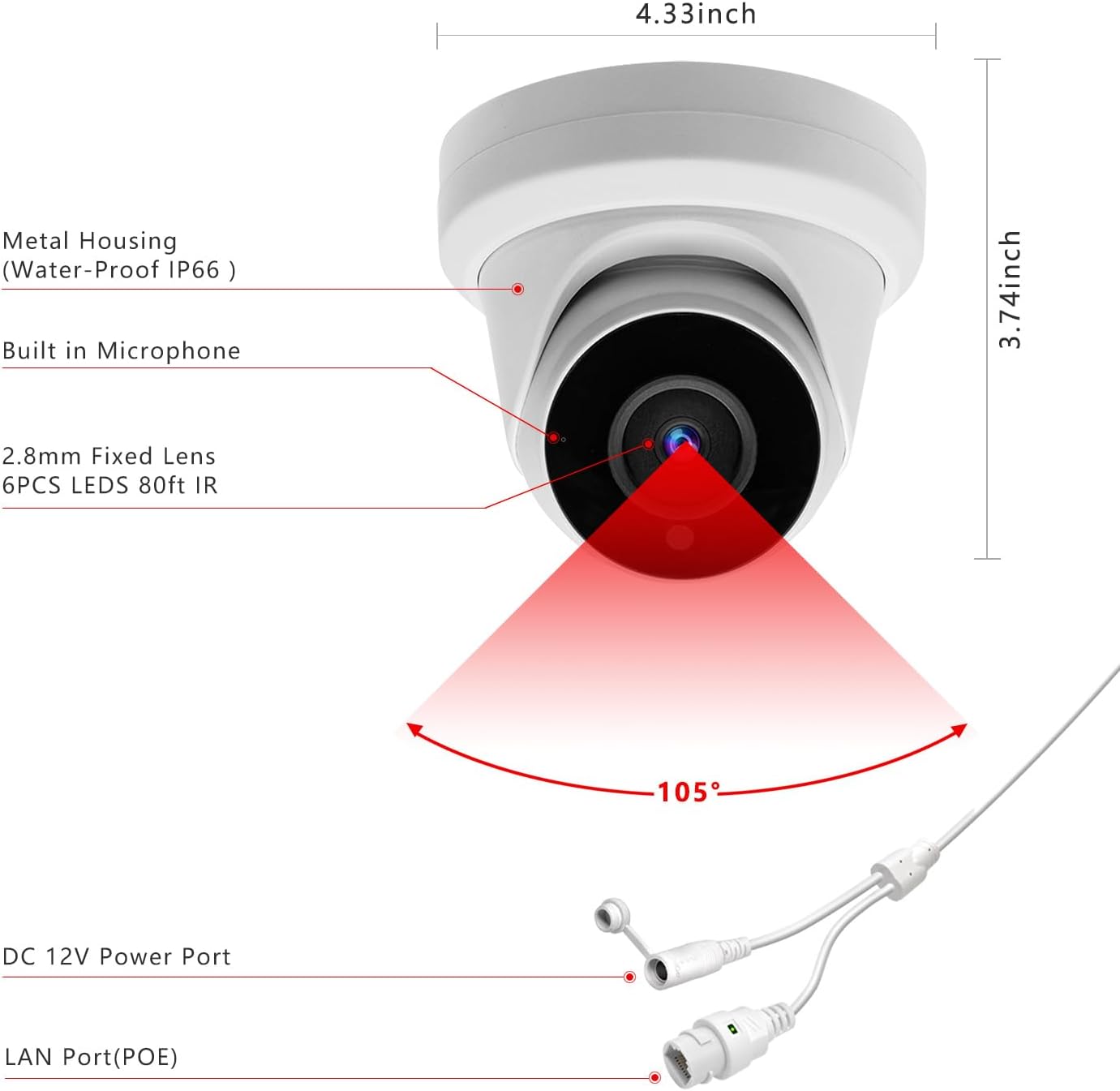 Tennoz Cámara de torreta IP PoE de 8MP 4K para exteriores, cámara domo de seguridad IP H.265 PoE con visión nocturna de 80 pies, lente de 0.110 in,