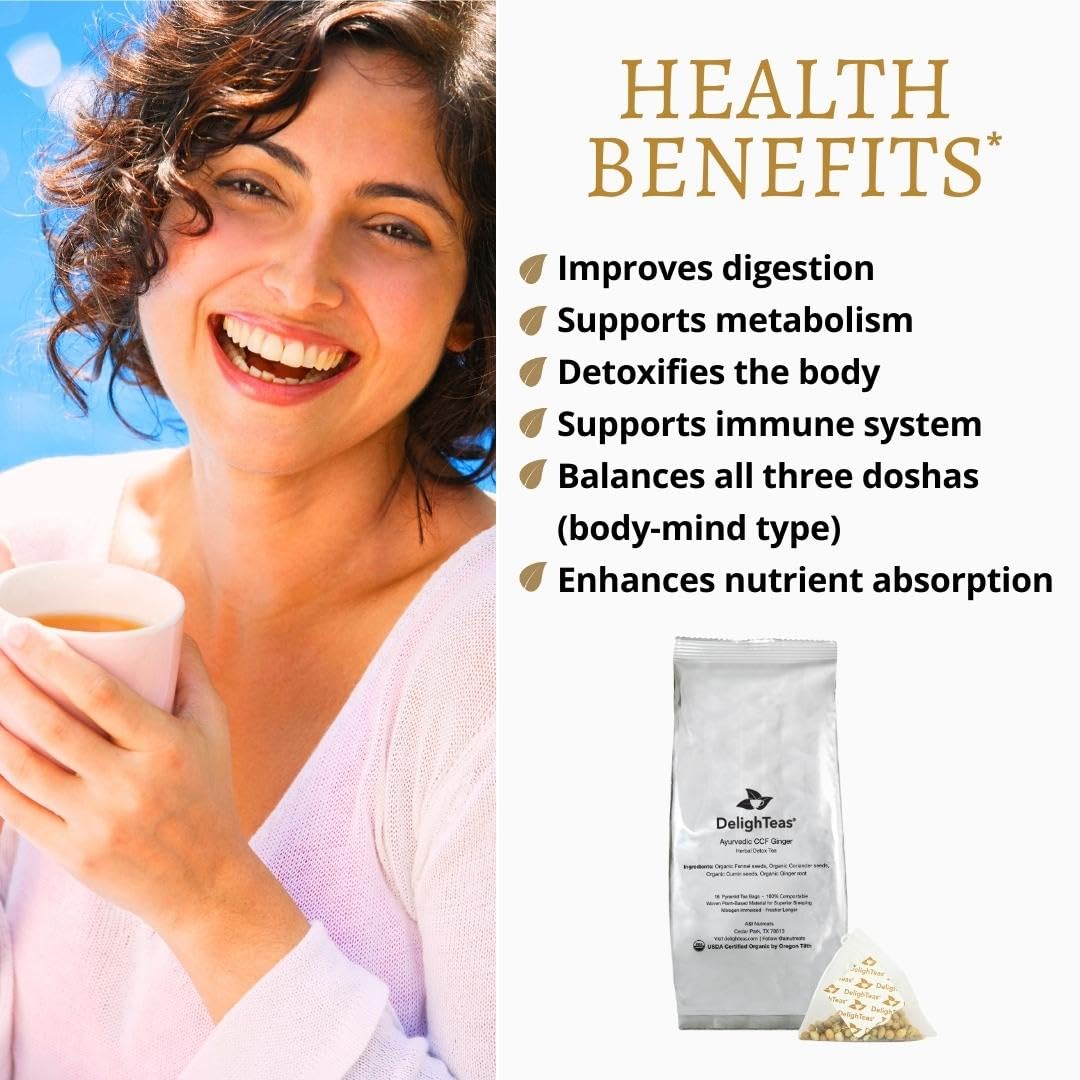 DelighTeas Té de jengibre orgánico Detox CCF  Recambio de bolsas de té piramidal ecológicas  Comino ayurvédico, cilantro, té de jengibre de hinojo