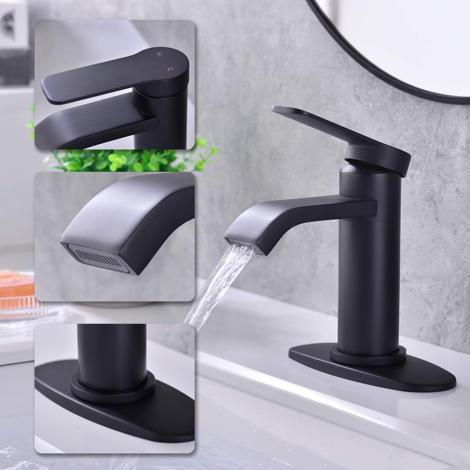 Grifo de baño negro mate de un solo orificio con placa de cubierta, grifo de baño en cascada de una sola manija, moderno grifo de lavabo de baño con