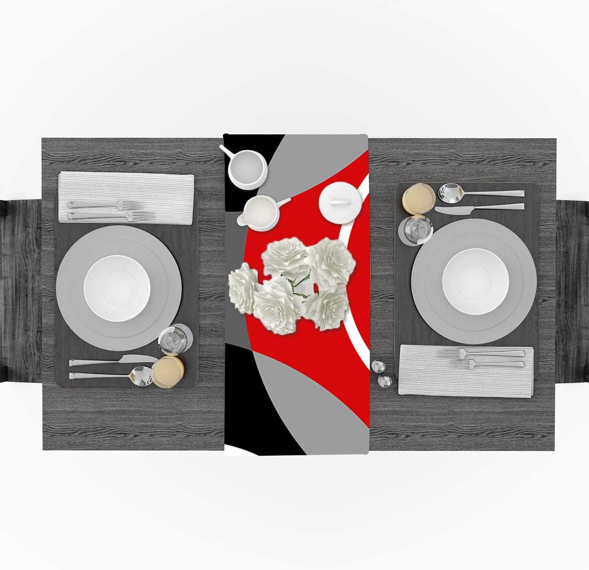 Camino de mesa negro, blanco, gris, rojo, patrón geométrico de líneas geométricas, camino de mesa de poliéster antideslizante para cocina, café,