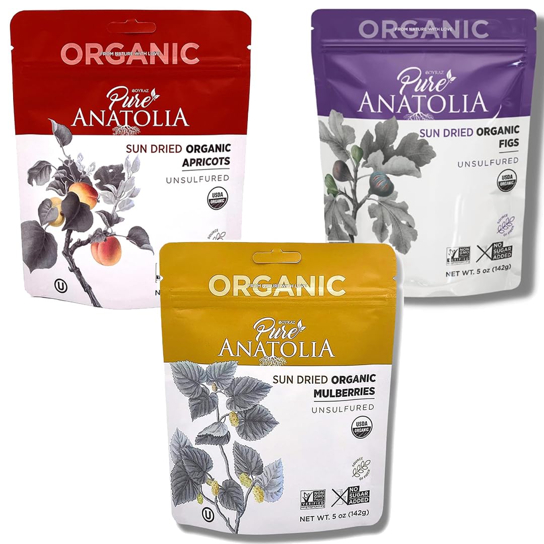 %100 Surtido de frutas secas orgánicas, higos, albaricoques, moras, paquete de 3  Sin azúcares añadidos, azufres ni conservantes  Sin OMG, vegano,