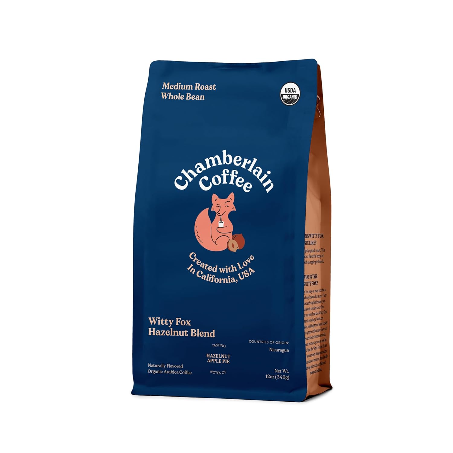 Chamberlain Coffee Witty Fox Mezcla de avellana, grano entero, café orgánico, 12 onzas