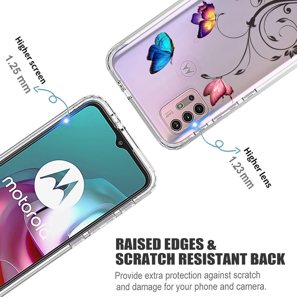 Ueokeird Funda para Moto G30Moto G10G10 PowerMoto G20 XT2129-1 con protector de pantalla de vidrio templado, diseño de mariposa transparente de