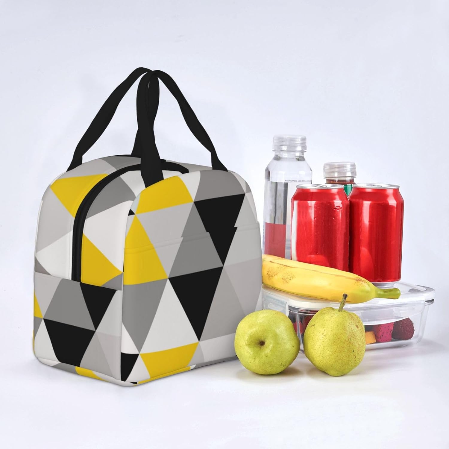 Bolsa de almuerzo reutilizable con aislamiento, triángulos geométricos blancos, amarillos y grises, caja de mano para preparación de comidas para