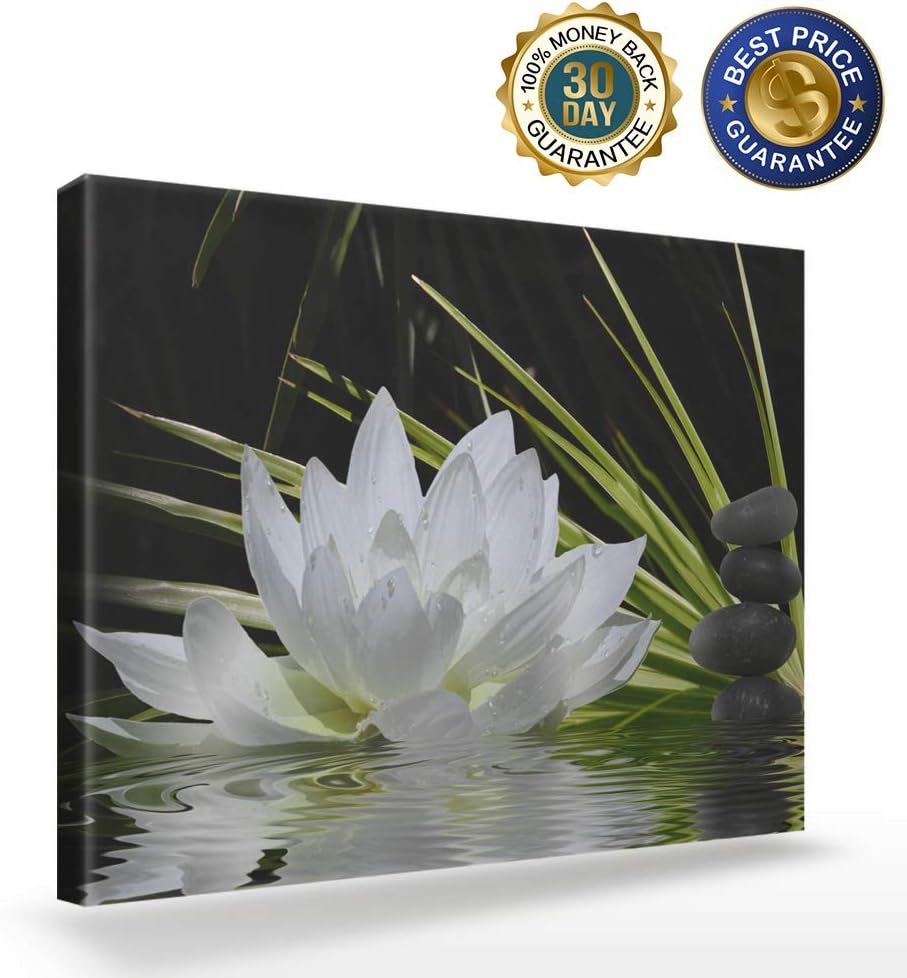 Lienzo decorativo para pared, imagen de loto blanco y piedras zen negras, decoración moderna de pared, envoltura de lienzo de galería, impresión