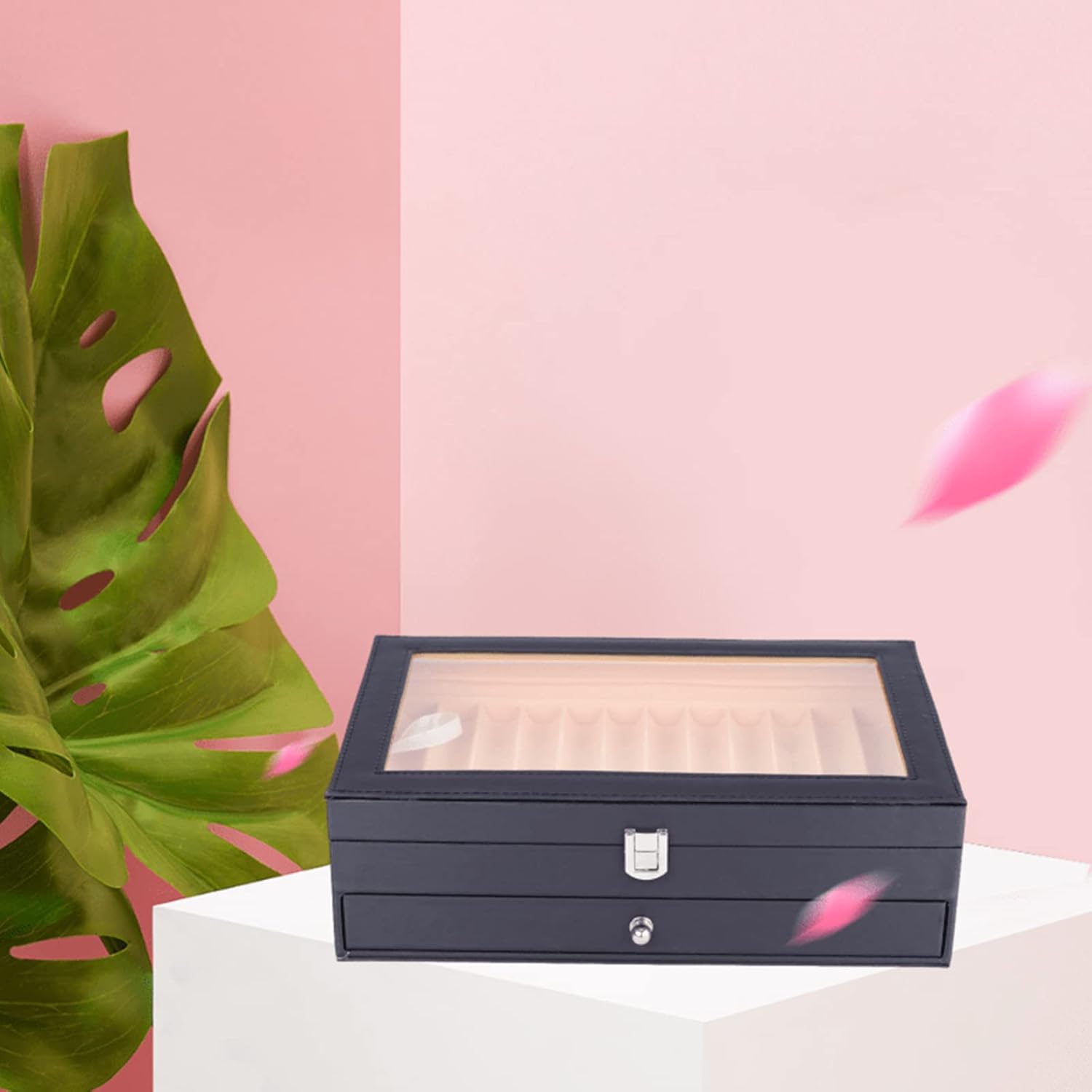 Gdrasuya10 Caja de exhibición de bolígrafos de franela de cuero, caja organizadora de bolígrafos de cristal, caja de almacenamiento con tapa,