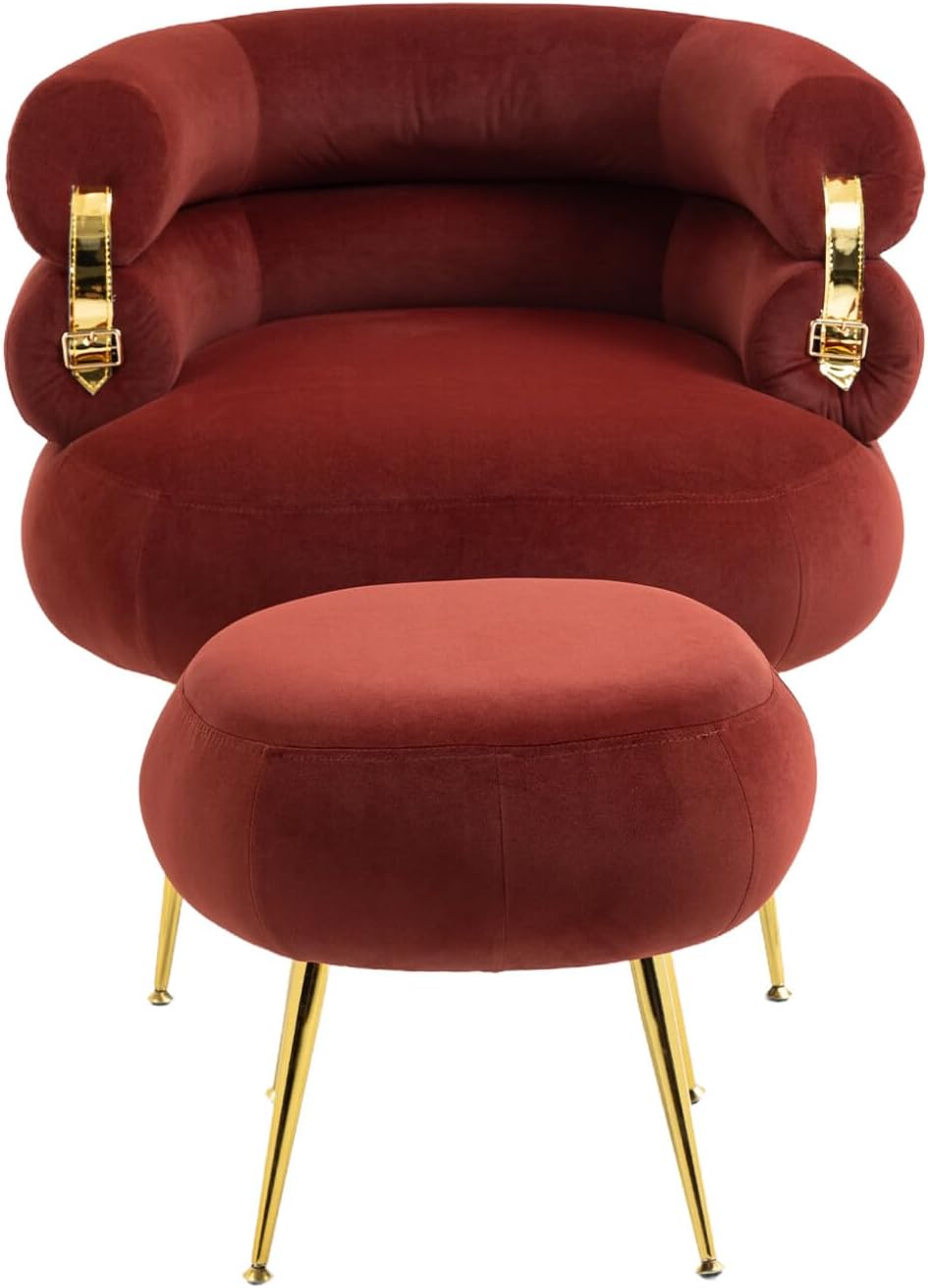 Silla decorativa de terciopelo con otomana, cómoda silla tapizada con patas de metal dorado, moderno sillón copetudo con reposapiés, para sala de