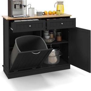 Armario de basura inclinable, isla de cocina con 2 cajones y estante ajustable, encimera de madera de goma, cesta de lavandería independiente, Armario de basura inclinable, isla de cocina con 2 cajones y estante ajustable, encimera de madera de goma, cesta de lavandería independiente,