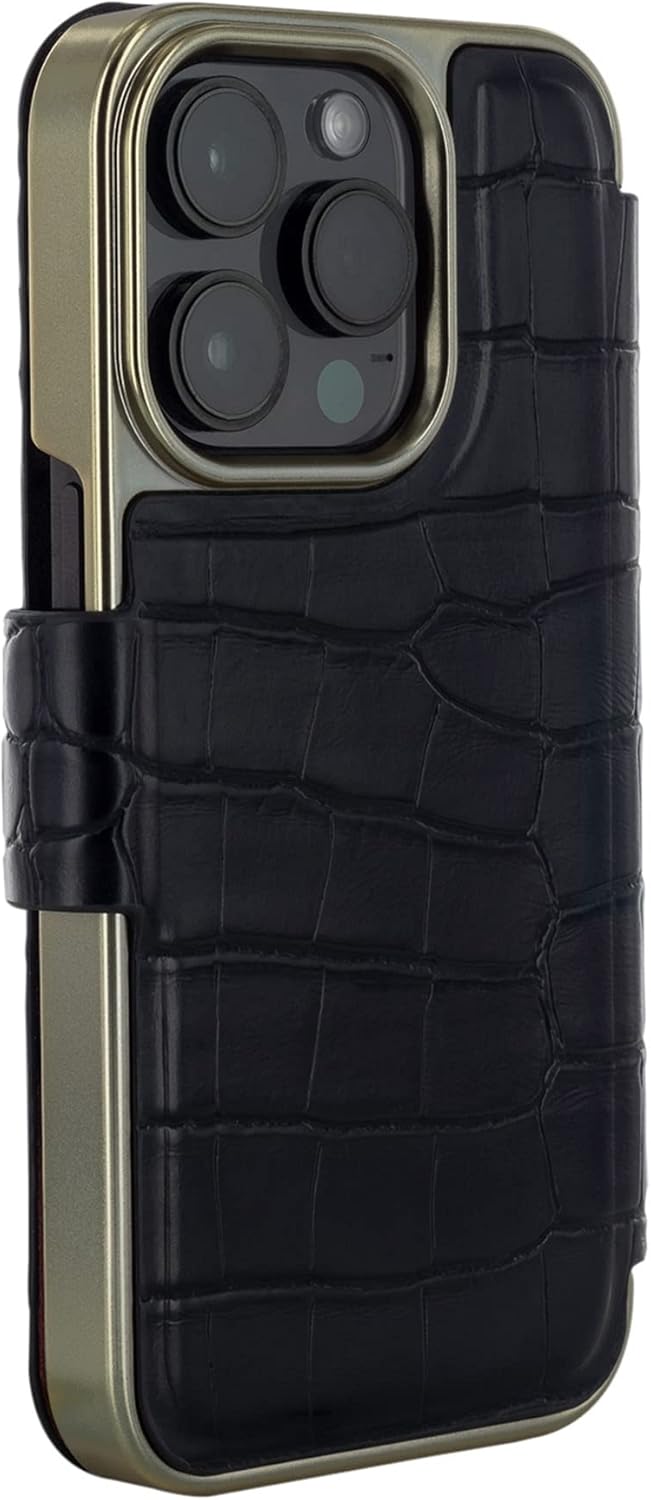 Ted Baker KHAILS Negro Croc doble ranura para tarjeta espejo Folio teléfono caso para iPhone 14 Pro Gold Shell