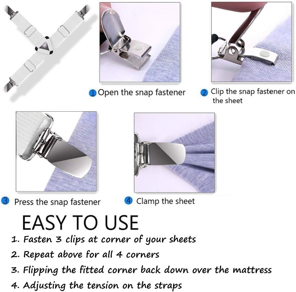 Ultrashang Sujetadores de correas de sábana Juego de 2 juegos de sábanas ajustables triangulares elásticas blancas con clips de sujeción para