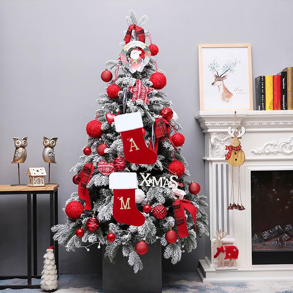 Calcetines de Navidad con iniciales de 20 pulgadas, terciopelo rojo gris con puños de felpa blanca súper suaves, monograma bordado, calcetín de