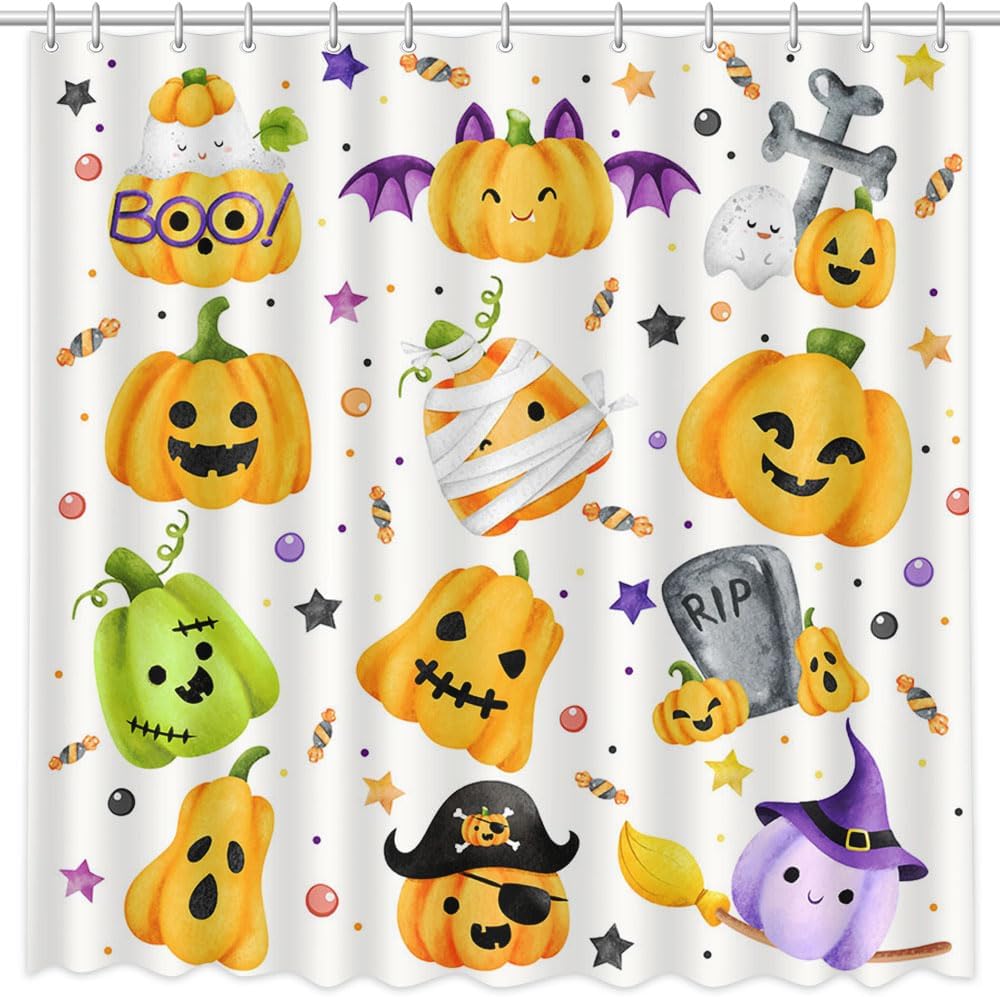 AIBIIN Cortina de ducha de calabaza de Halloween de 72 x 72 pulgadas para baño, naranja, morado, verde, calabaza, sombrero mágico, caramelos,