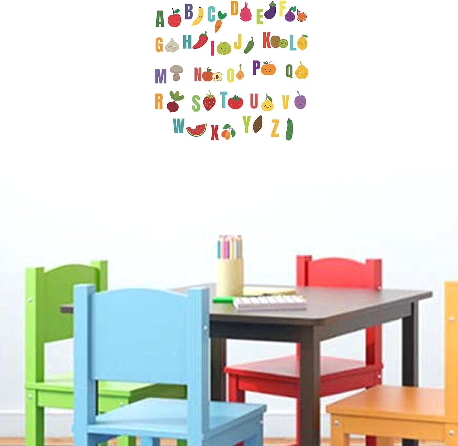 BIBITIME Calcomanías del alfabeto educativo para bricolaje, frutas, manzana, plátano, zanahoria, A, B, C, Z, letras para escuela, guardería,