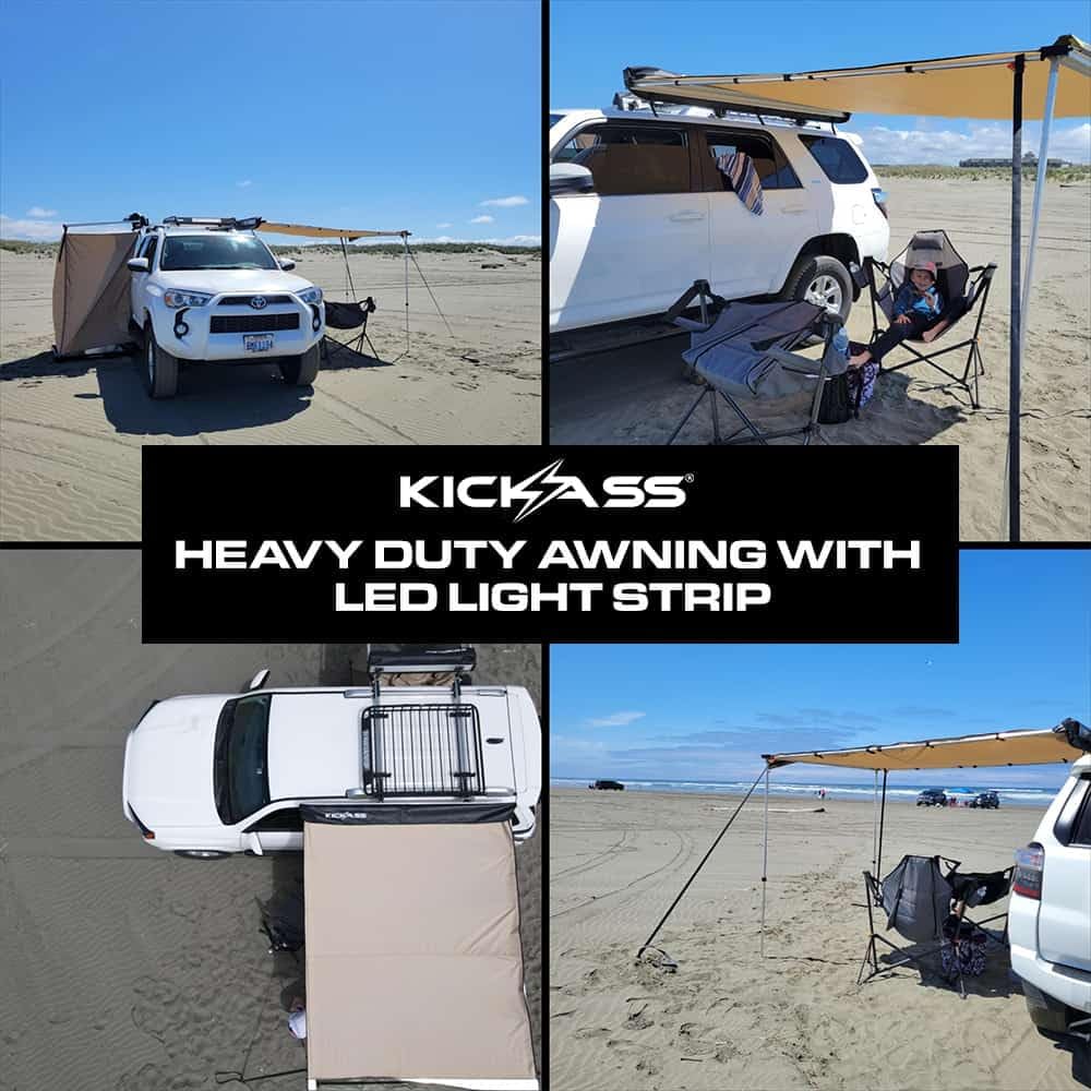 KICKASS Toldo resistente de 6.5 x 8 pies, con tira de luz LED, montado en el automóvil, fácil de instalar, perfecto para furgonetas, velocistas,