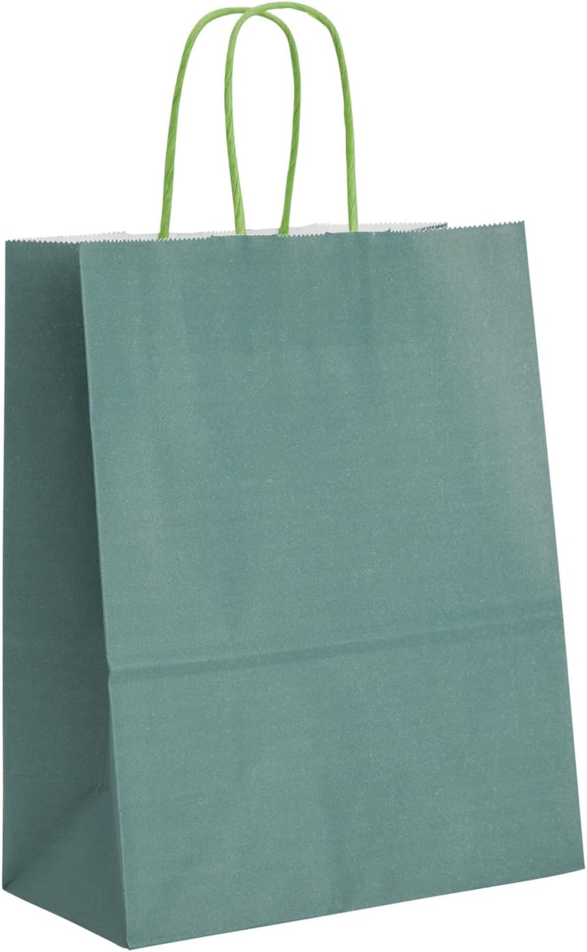 BLUE PANDA Paquete de 25 bolsas de regalo de color verde oscuro con asas, bolsas de papel de 8 x 4 x 10 pulgadas para recuerdos de fiesta y