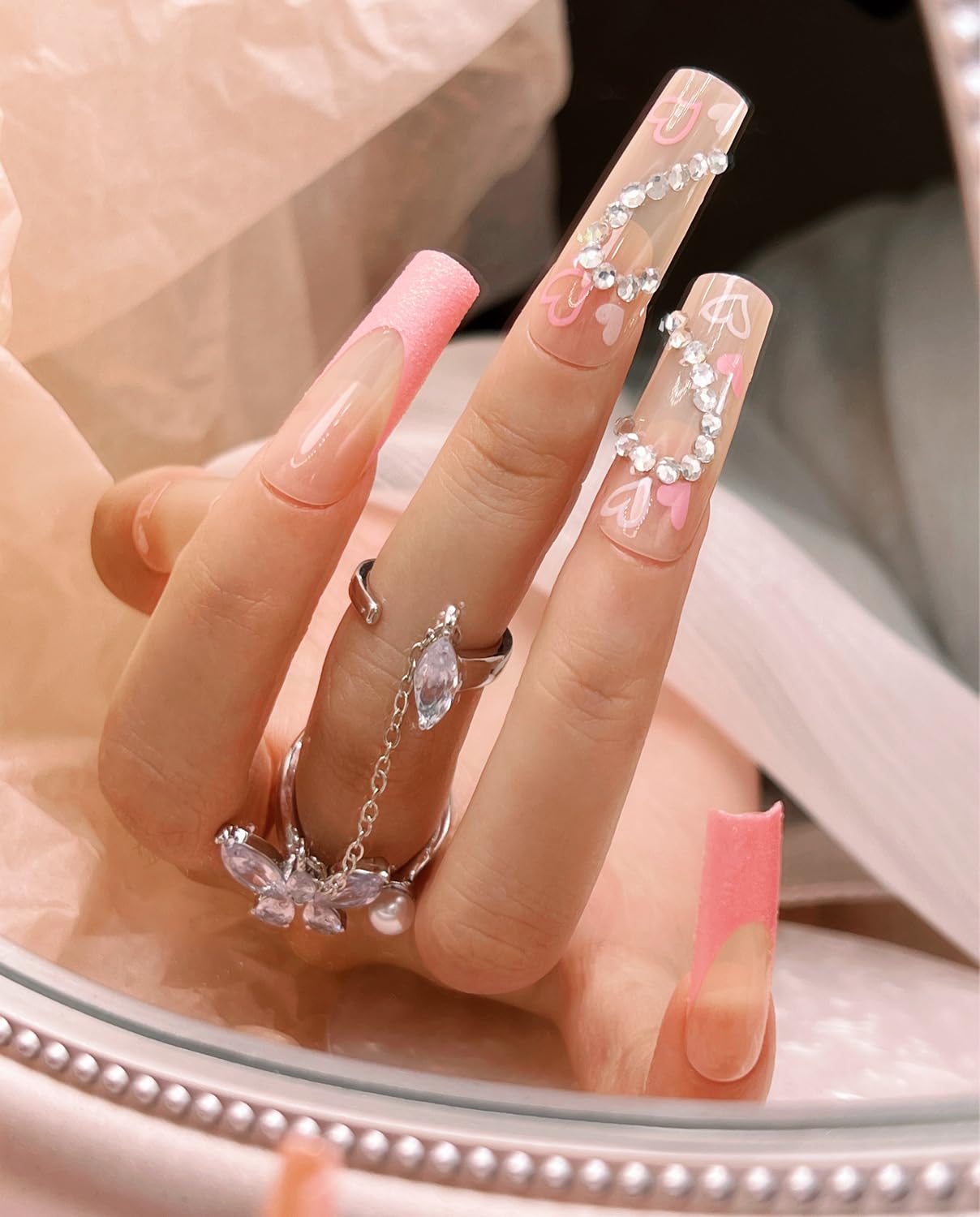 Uñas postizas largas a presión, color rosa, estilo ataúd, francesas, cobertura completa, con purpurina, uñas postizas acrílicas con diamantes de