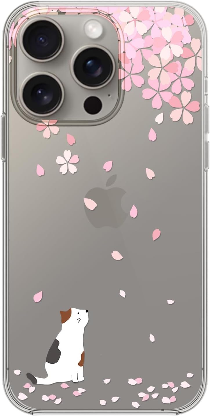 Blingy’s Funda para iPhone 15 Pro, lindo estilo de gato con patrón de flor de cerezo, divertido diseño de animales de dibujos animados, funda