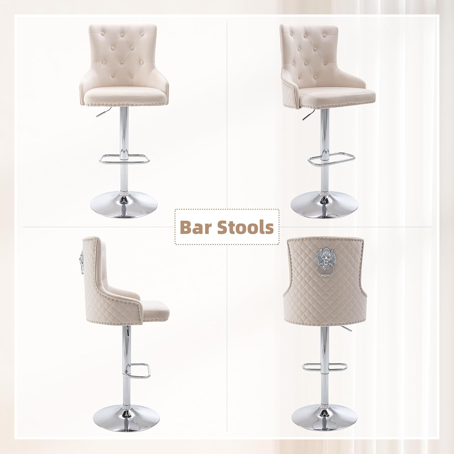 Juego de 2 taburetes de bar, taburetes de bar giratorios de terciopelo ajustable en altura de mostrador con reposapiés, acolchado suave tapizado con