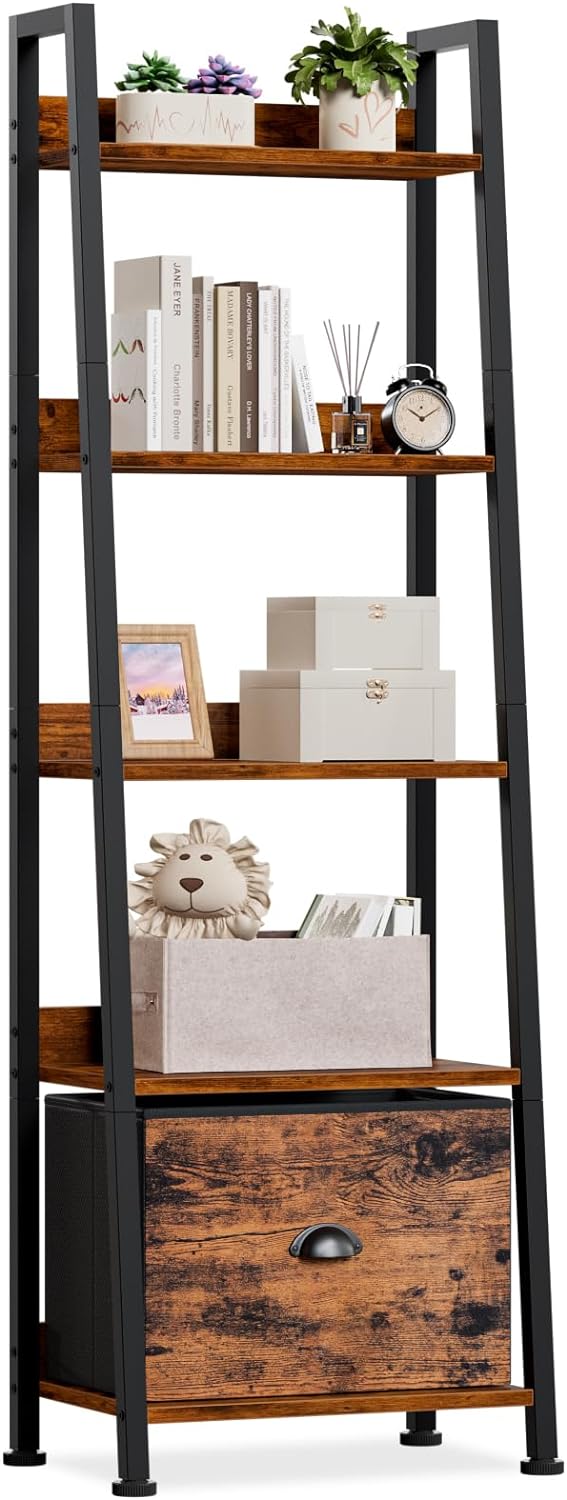 Furologee Estantería de escalera de 5 niveles, estantería de escalera con cajón extraíble, estantería rústica de almacenamiento, estante de