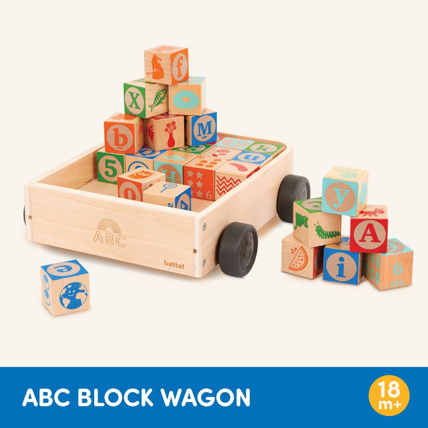 Battat Carro de madera ABC Block Wagon- 26 bloques del alfabeto en caja superior e inferior y número con carro de almacenamiento – Juguete apilable