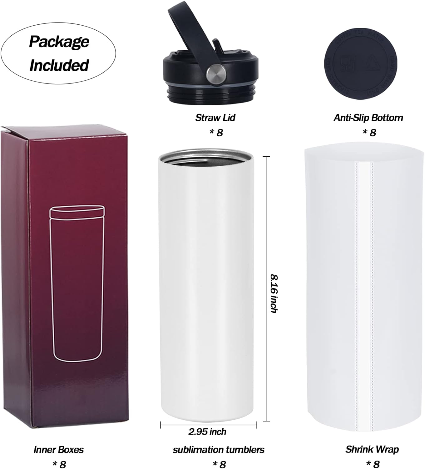 Paquete de 12 botellas de agua de sublimación en blanco de 20 onzas, vaso de sublimación a granel delgado recto de doble pared de acero inoxidable