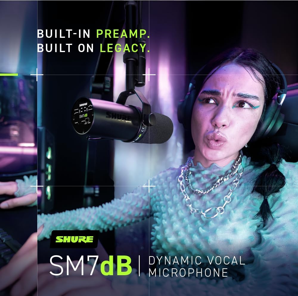 Shure SM7dB Micrófono vocal dinámico con preamplificador integrado para transmisión, podcast y grabación, frecuencia de amplio alcance, sonido