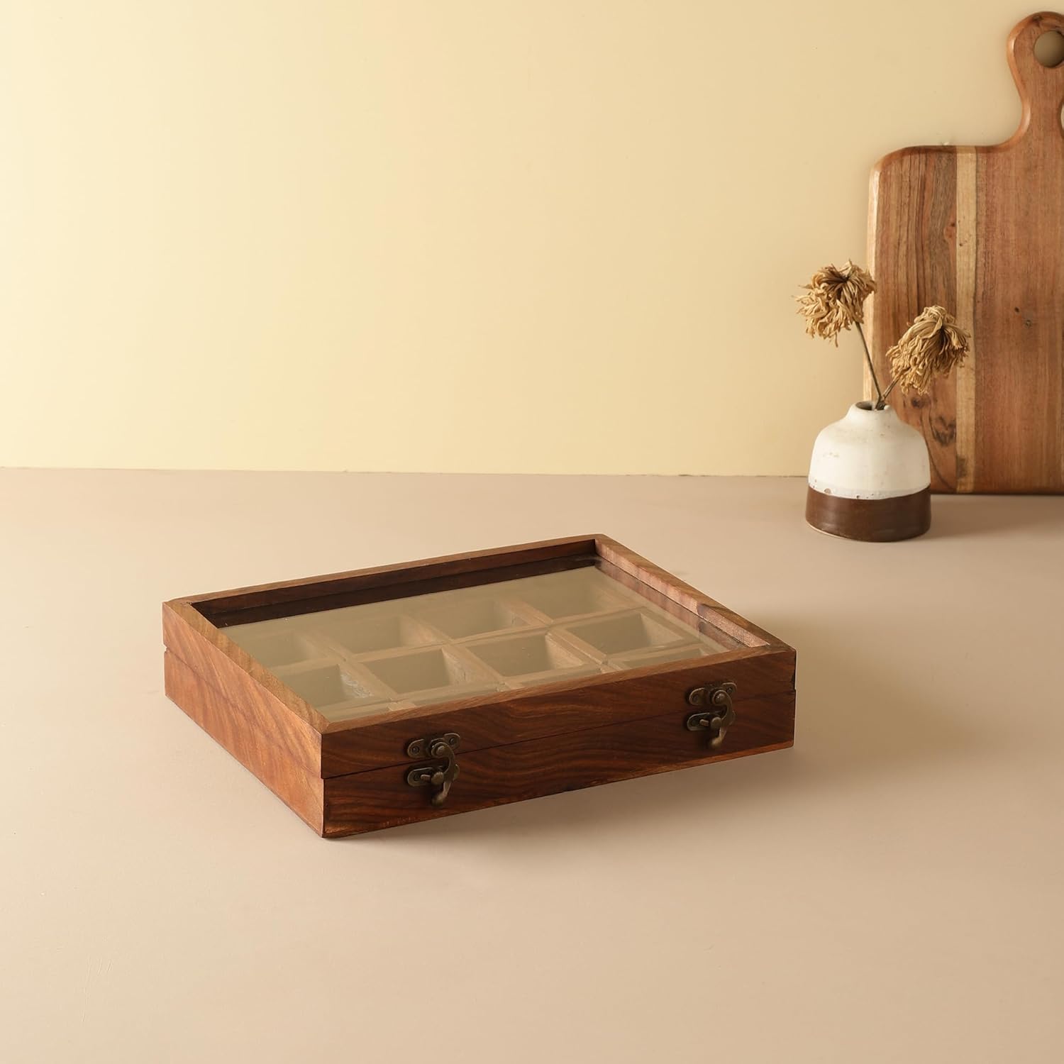 Maru 10.25 x 8 x 2 pulgadas, caja de especias y cuchara de madera Masala Dabba caja de almacenamiento de especias con tapa, caja de especias de