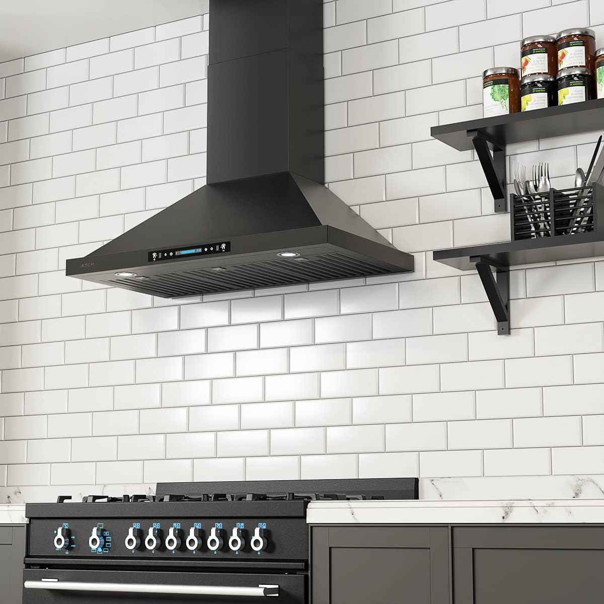 IKTCH Campana extractora negra de 30 pulgadas para montaje en pared, 900 CFM con canalizadosin conductos, campana de ventilación de acero inoxidable