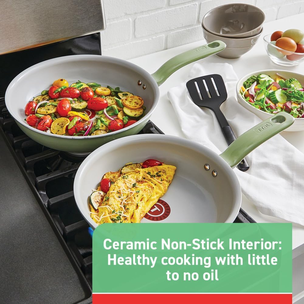 T-fal Juego de utensilios de cocina antiadherentes de cerámica reciclada, 2 piezas, apto para horno, ollas y sartenes 350F, utensilios de cocina