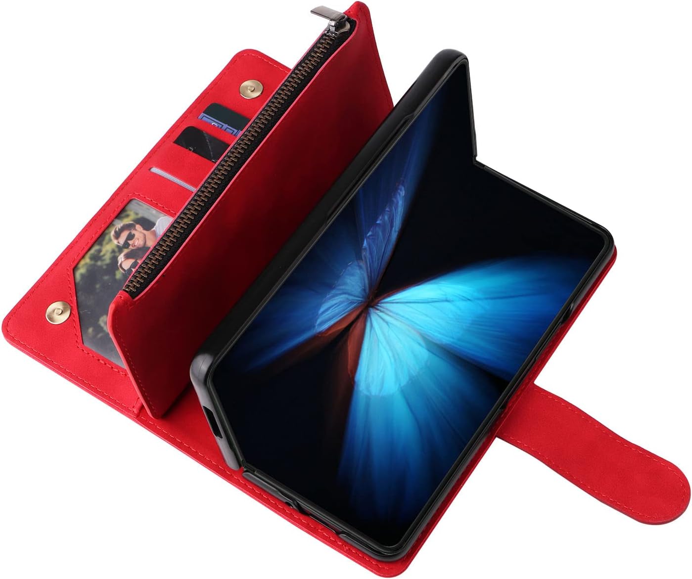 LBYZCASE Funda para Galaxy Z Fold 4 5G (2022) con ranuras para tarjetas, función atril con cierre magnético, cierre magnético, correa de muñeca para