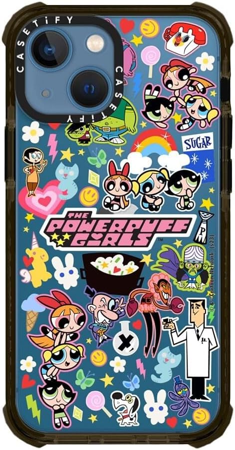 CASETiFY Funda Ultra Impact para iPhone 13 Mini Co-Lab  protección contra caídas de 9.8 pies  The Powerpuff Girls Stickermania – Negro transparente