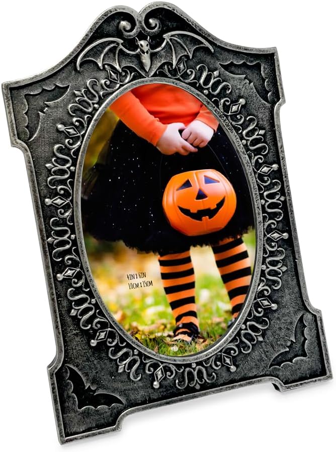 Isaac Jacobs – Marco de fotos de Halloween con forma de lápida de 4 x 6 pulgadas, mesa de fotos y exhibición de pared, exhibición colgante y