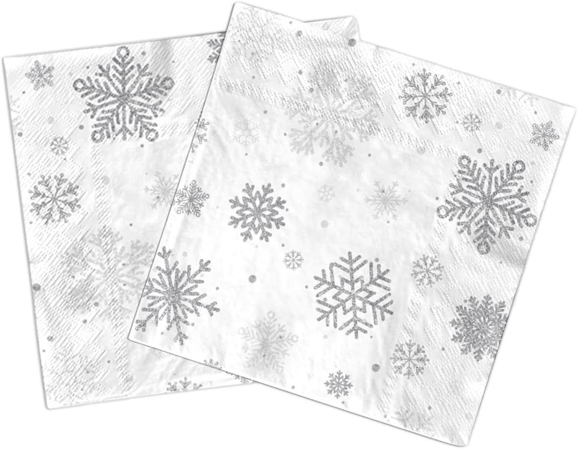 40 servilletas de Navidad con copos de nieve, decoración de fiesta, copos de nieve de invierno, color gris plateado, tema del país de las