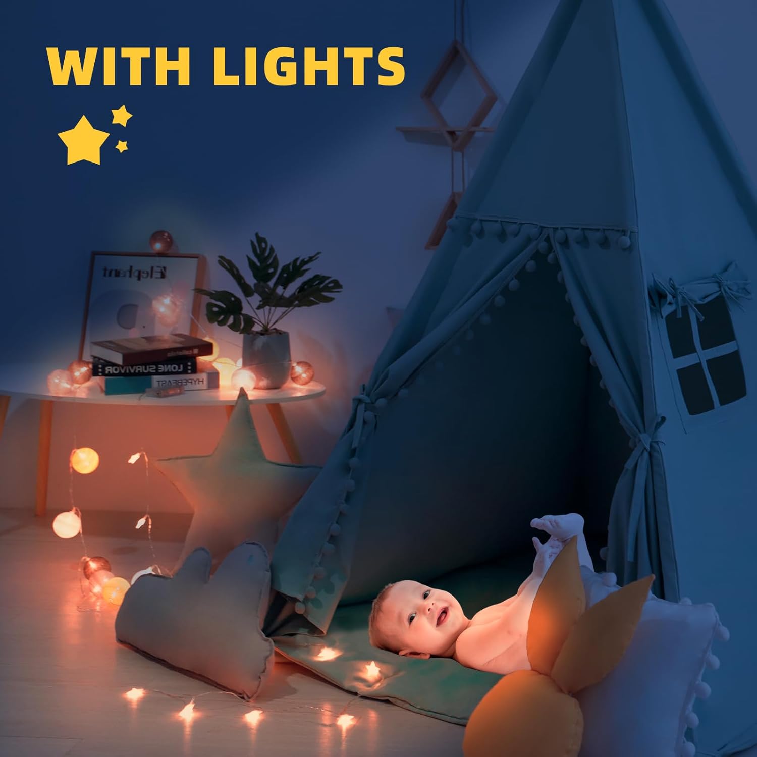 Tienda de campaña tipi para niños con alfombra, luces de estrella, funda de transporte, casa de juegos de lona de algodón, tiendas de campaña