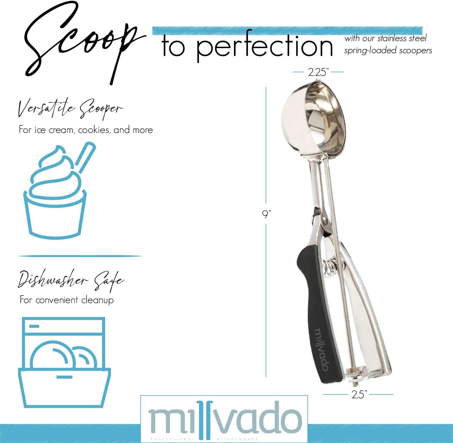Cuchara de acero inoxidable para helado y galletas, tamaño grande, con agarres de goma negra, diseño de palanca con resorte, para sorbete, melón,