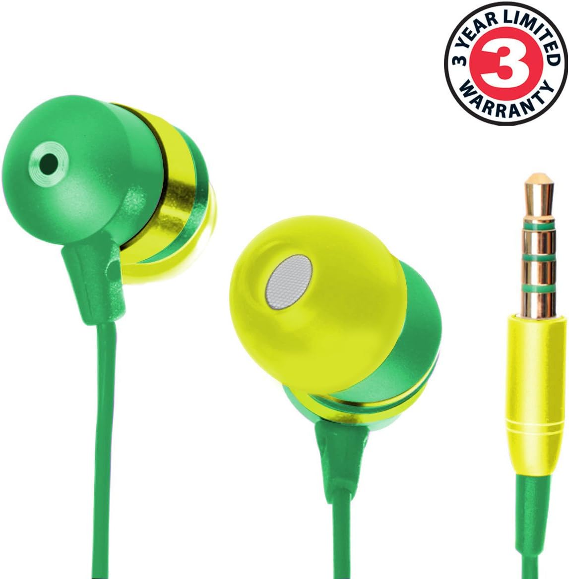 GOgroove AudiOHM – Auriculares HF con micrófono, graves profundos y cómodos geles de oído (verde y dorado), auriculares intrauditivos con diseño de